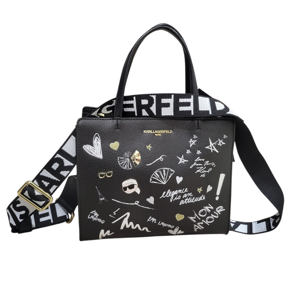 Karl Lagerfeld Black Maybelle Satchel Bag With Bold Logo Strap ,NWT
